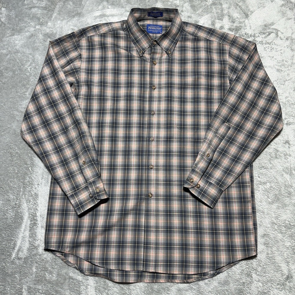 Sir Pendleton Shirt Large Fine Worsted Wool Button Down Plaid Gray Orange Blue